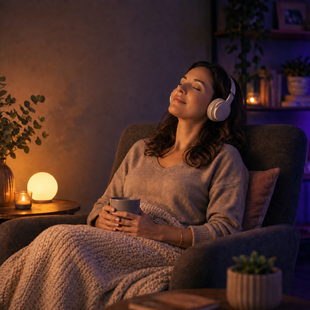 A woman with eyes closed listens relaxing music and nature sounds at home, soft warm light, looking peaceful